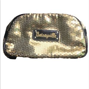 Betsey Johnson cosmetic travel bag gold sequins